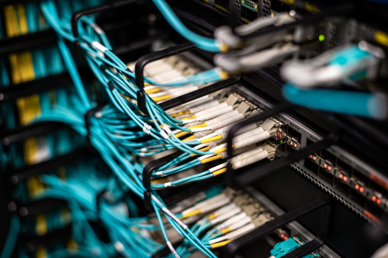Rows of network cables plugged into a server patch panel, the distributed infrastructure that safe cold email sending volume depends on