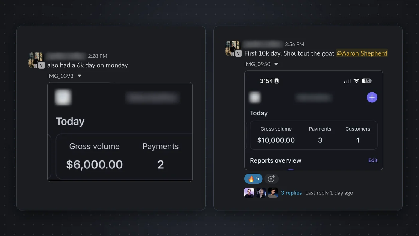 Two Slack posts from an Ignite member with payment dashboard screenshots: "also had a 6k day on monday" and "First 10k day. Shoutout the goat @Aaron Shepherd"